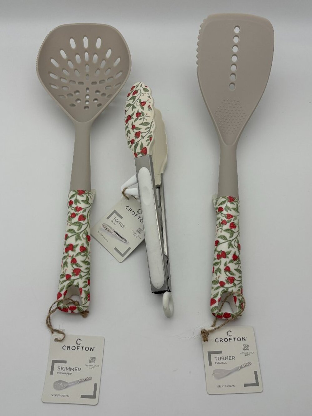 Crofton Strawberry Print Self Standing Kitchen Utensils, Skimmer Turner & Tongs